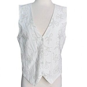 Vintage 90's Women's Large Ivory Neutral Beaded cotton vest Cottage core Artsy